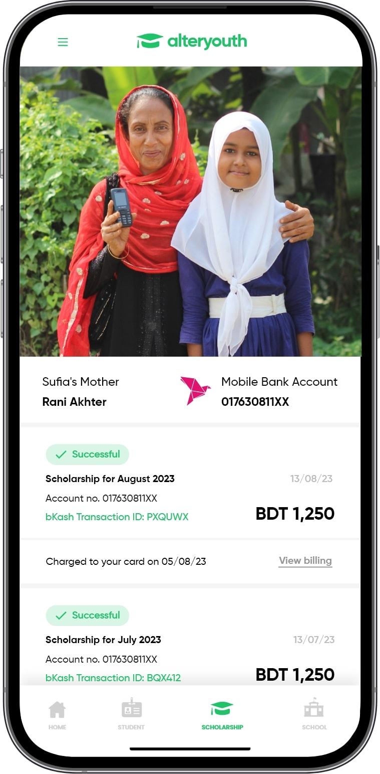 Monthly received scholarship details in the AlterYouth app
